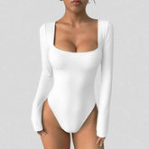 Women Solid Square Neck Long Sleeve Bodysuit Slim Fit High Cut Basic Bodycon Jumpsuit Ladies Daily Layering Top