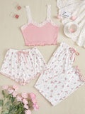 Sexy Floral Pajama Set for Women, Summer Suspender Short-long Pants, Cute Ladies' Homewear Three-piece Set