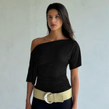 Off Shoulder Batwing Short Sleeve Top Women Draped Ruched Waist Slim Fit Casual Blouse