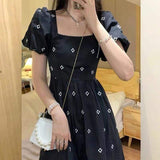 Summer New Arrival Women's Dress French Style Black Floral Long Dress Square Neck & Waist Flattering Design