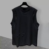 Men Distressed Hole Sleeveless Tank Top Crew Neck Raw Edge Loose Fit Streetwear Vest Two Colors Black White