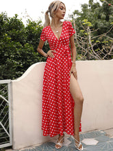V Neck Short Sleeve Red White Polka Dot Wrap Maxi Dress Women Waist Tie High Slit Summer Beach Resort Vacation Sundress