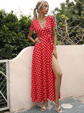 V Neck Short Sleeve Red White Polka Dot Wrap Maxi Dress Women Waist Tie High Slit Summer Beach Resort Vacation Sundress