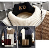 Men Color Block Patchwork Cable Knit Sweater Half Turtleneck Long Sleeve Retro Color Contrast Pullover Streetwear Jumper