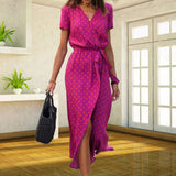 Women Floral Print Midi Dress V Neck Short Sleeve Self Tie Waist Split Hem Satin Flowy Vacation Beach Casual Wrap Dress