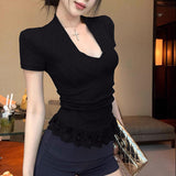 2026 New Arrival Women's Deep V-Neck Lace Trim T-Shirt Short Sleeve Ruched Slim Fit Top