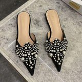 Ladies' Elegant Pearl Style Beach Sandals - Fashionable Mules Flat Shoes & Slippers