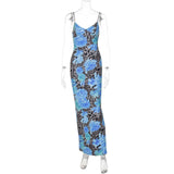Women Spaghetti Strap V Neck Maxi Dress Blue Floral Leopard Print Bodycon Mixi Dress Slim Fit Long Dress