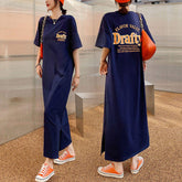 Women Back Letter Print Side Slit T Shirt Dress Oversized Crew Neck Casual Long Tee Dress Streetwear Maxi Dress