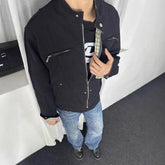 Men Vintage Plaid Lining Collar Workwear Jacket Zip up Pocket Casual Short Coat Streetwear Cargo Outerwear