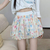 Women Floral Print Tulle Bubble Mini Skirt Elastic A-Line Puffy Balloon Short Skirt Fairy Sheer Mesh Flowy Casual Skirts