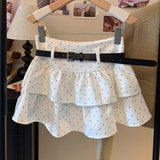 Women Belted Polka Dot Tiered Mini Skirt Grey Double Ruffle Cake Skirt High Waist Sweet Girls Summer Casual Short Skirts