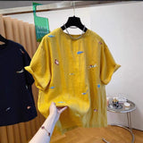 Women Creature Embroidery T Shirt Crew Neck Cuffed Short Sleeve Loose Casual Summer Oversized Fish Embroidered Basic Tees