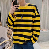 Men Two Tone Striped Long Sleeve T Shirt Loose Crew Neck Casual Stripe Top
