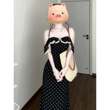 New French Tea-Length Dress Square Neck Lace Ruffle Polka Dot Dress Women Backless Waist Slim Long Dress for Summer
