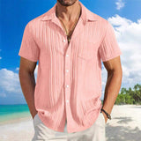 Men Vertical Striped Textured Short Sleeve T-Shirt Lapel Collar Chest Pocket Button Down Loose Summer Blouse