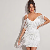 Women Off Shoulder Fringe Dress Spaghetti Strap Tassel Bodycon Party Mini Dress