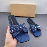 Women's Lux Anti-Slip Rhinestone Sandals - Stylish Denim Flat Shoes for Indoor & Outdoor Use