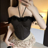 Women's French Style Pink Lace Camisole Hollow Out Boned Off-Shoulder Bandeau Elegant Summer Top