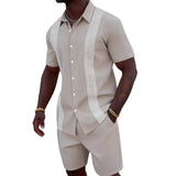 New Men's Lace Trim Spliced Hollow Out Lapel Short Sleeve Shirt & Shorts 2 Piece Set Suitable for Beach Outings