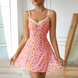 Floral Print Lace-Trim Babydoll Dress - Sexy V-Neck Summer Dress with Elastic Waist