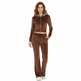 New Winter Color Blocking Casual Two Piece Women's Set Eco-Friendly Velvet Short Hooded Zip Hoodie Fur Collar Flared Drawstring