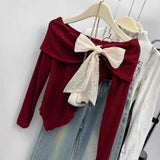 Straight Shoulder Long Sleeve Base Shirt Irregularity Long-sleeved Top Bow Long Sleeve Knit Base