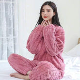 Winter Warm Fleece Pajamas for Women - Thickened Jacquard & Loose Long Sleeve Loungewear Set