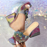 Evening Party Sequin Sparkle Women's Sandals with Chunky Heel & Floral Details