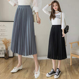 Women Midi Skirt Solid Color Elastic Waist a Line Long Pleated Skirt Casual Flowy Maxi Skirts for Ladies Daily Wear