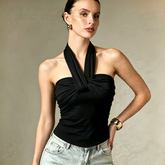 Women Built-in Padded Cross Wrap Halter Tank Top Back Self Tie Big Bow Side Ruched Slim Cropped Sleeveless Camisole Vest