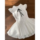 Preppy Style White Lapel Mini Dress Women Ruffle Cap Sleeve Lace Trim Black Bow Tie Button Decor a Line Cute Lolita Dress