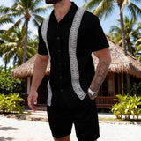 New Men's Lace Trim Spliced Hollow Out Lapel Short Sleeve Shirt & Shorts 2 Piece Set Suitable for Beach Outings
