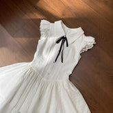 Preppy Style White Lapel Mini Dress Women Ruffle Cap Sleeve Lace Trim Black Bow Tie Button Decor a Line Cute Lolita Dress