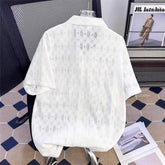 Men Hollow Out Cuban Collar Loose Short Sleeve Button Front Casual Shirt