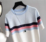 Streak Graphic Tee Ice Silk Knitting Tops for Women Splice Color Short-Sleeved Tee