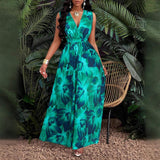 Women's Long Flare Dress Tropical Printed V-Neck Slim Dress Twisted Knit Waist Design Dress
