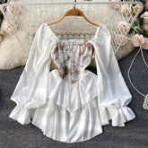 Women Lace up Waist Puff Sleeve Ruffle Layered Mini Dress