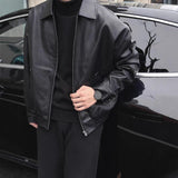 Men Black Lapel Faux Leather Jacket Loose Oversized Zip up Casual Motorcycle Coat Daily Streetwear Outerwear