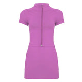 2 Piece One Set Sport Knee Short Sleeve Zippered Ruffled Collar Solid T-Shirt Bodycon Short Skirt Slim Fit Elastic - Zeprah