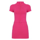 2 Piece One Set Sport Knee Short Sleeve Zippered Ruffled Collar Solid T-Shirt Bodycon Short Skirt Slim Fit Elastic - Zeprah