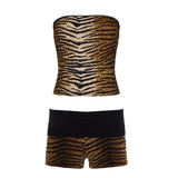 2 Piece Set Sleeveless Strapless Sexy Animal Print Crop Top Color Block Knee Shorts Knitting Eco - Friendly - Zeprah