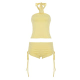 2 Piece Set Women Sleeveless Halter Top and Low Waist Drawstring Shorts Y2K Character Solid Color Stretch Knit Sportswear - Zeprah