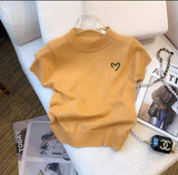 Knitted Tops for Women Mock Turtleneck Women's Clothing Embroidery Short-Sleeved Tee