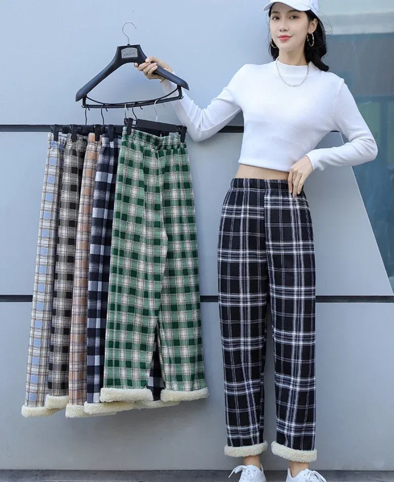 2025 Autumn Winter New Women's High - Waist Korean Style Plaid Pants Fleece Lined Thickened Loose Wide - Leg Casual Trousers - Zeprah