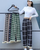 2025 Autumn Winter New Women's High - Waist Korean Style Plaid Pants Fleece Lined Thickened Loose Wide - Leg Casual Trousers - Zeprah