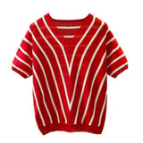 2025 Spring New Women's V - Neck Short - Sleeve Knit T-Shirt Korean - Style Loose Fit with Stripes Thin Trendy Outer Wear Top - Zeprah