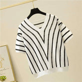 2025 Spring New Women's V - Neck Short - Sleeve Knit T-Shirt Korean - Style Loose Fit with Stripes Thin Trendy Outer Wear Top - Zeprah