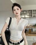 2025 Summer New American Style Short Sleeve T-shirt Women's Top Slim Fit Pleated Short Trendy Top - Zeprah