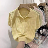 2025 Summer New Design POLO Collar Ice Silk Knitted Sweater Women's Short Sleeve Design Simple Women's T-shirts - Zeprah